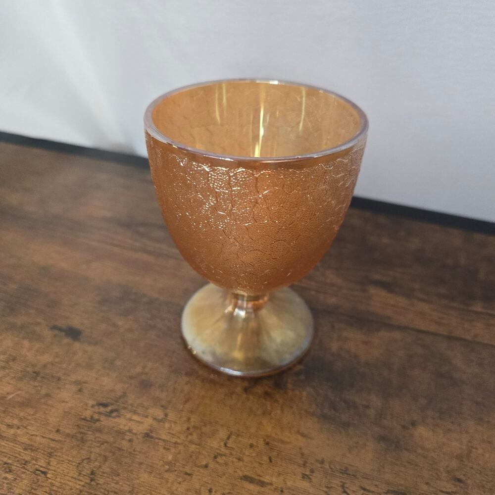Jeannette Marigold 'Crackle' Finish Carnival Glass Pedestal Goblet 4.75 Inches
